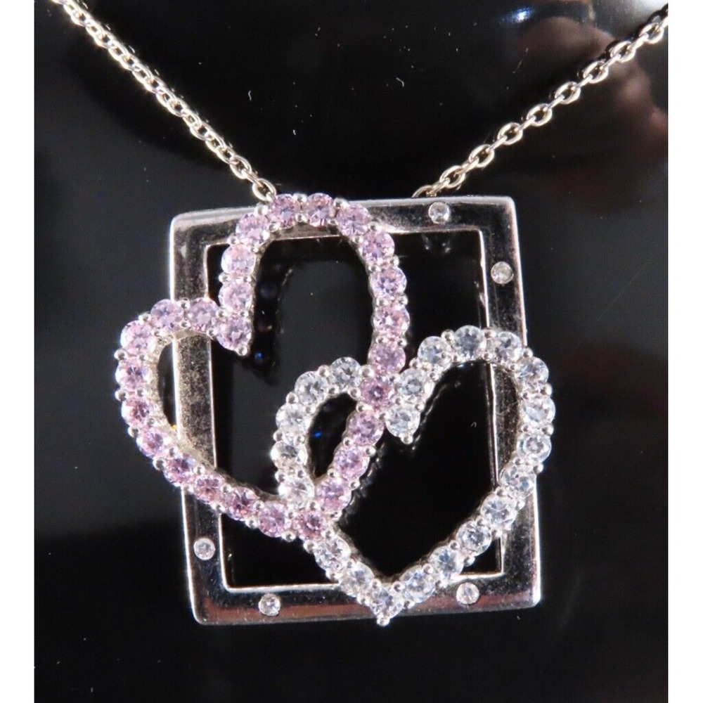 STERLING SILVER 18-20" Chain Necklace PINK & CLEAR CZ HEART PENDANT Unique Frame